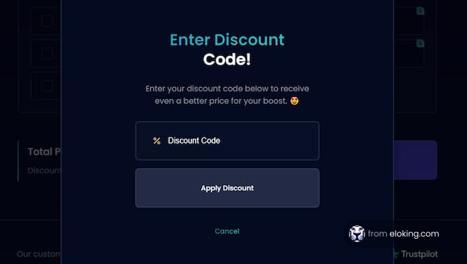 Screenshot of a user interface prompting to enter a discount code with a dark theme background