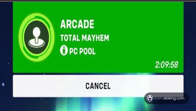 Arcade game screen showing Total Mayhem on PC Pool platform with timer