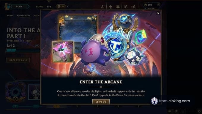 Colorful game interface promoting 'Enter the Arcane' event with vibrant graphics and options