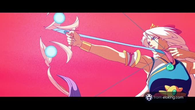 A skilled archer character wielding a bow in a vibrant pink background.