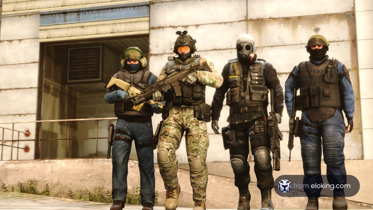 Four armed soldiers in tactical gear standing in front of a building