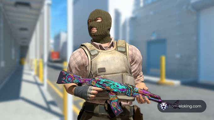 Video game character holding a colorful rifle in an urban setting