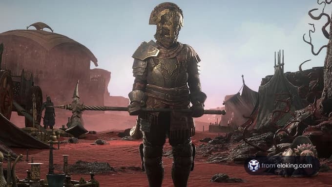 An armored warrior stands in a dystopian landscape.