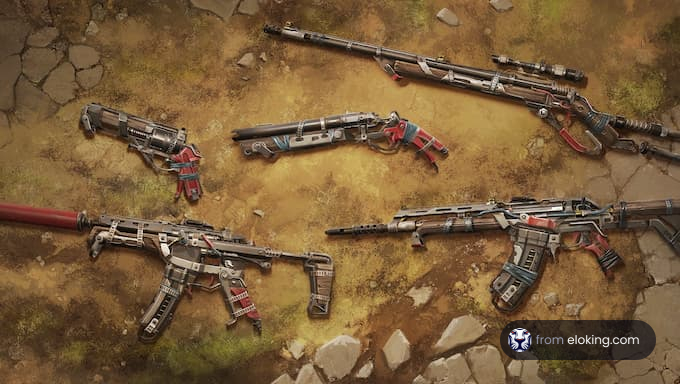 Array of sci-fi rifles laid out on desert ground