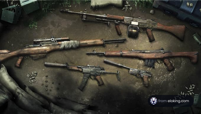 Assorted collection of military firearms on a ground surface