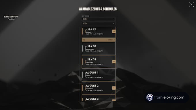 Available zones and schedules for gaming sessions.