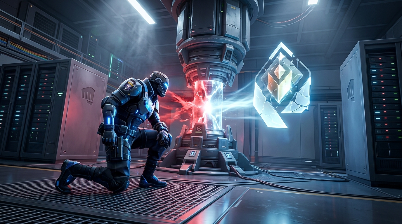 VALORANT security scene with a sealed core and a half-restored rank shard