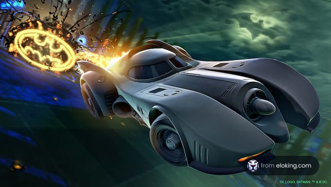 The Batmobile racing through a vibrant scene