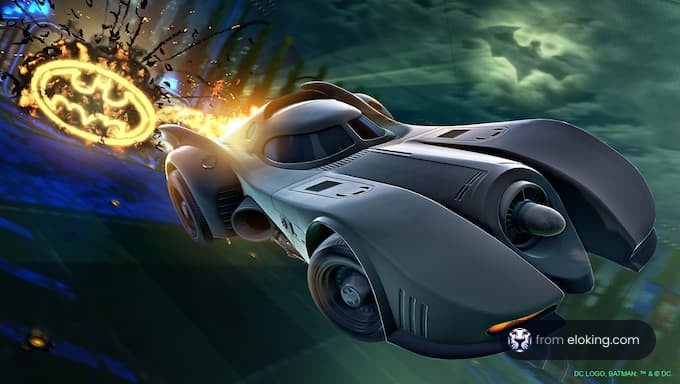 Dynamic image of the Batmobile speeding away from an explosion