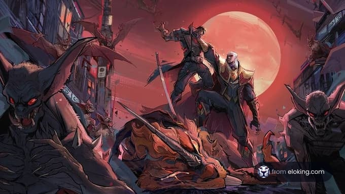 A fierce battle scene with warriors facing monstrous creatures in a dark city