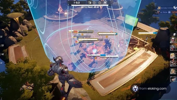 Aerial view of a battle phase in a mobile game.
