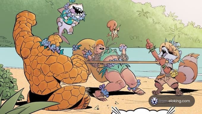 A playful beach scene featuring cartoon characters having fun.