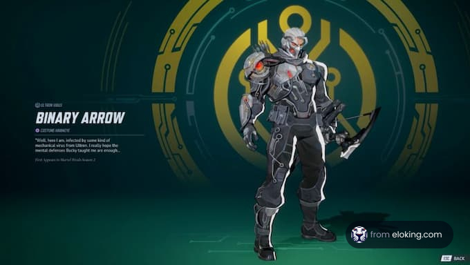 Binary Arrow character design with futuristic armor and bow.