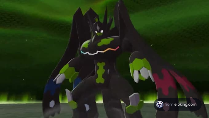 Ein mächtiges schwarzes Drachenmonster steht in einer mystischen Landschaft.