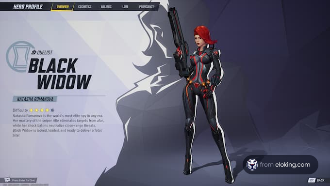 Black Widow character profile showcasing her skills and abilities.