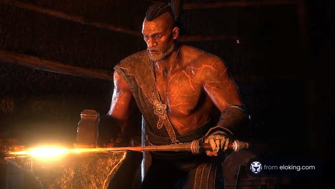 A blacksmith forging a sword with glowing metal