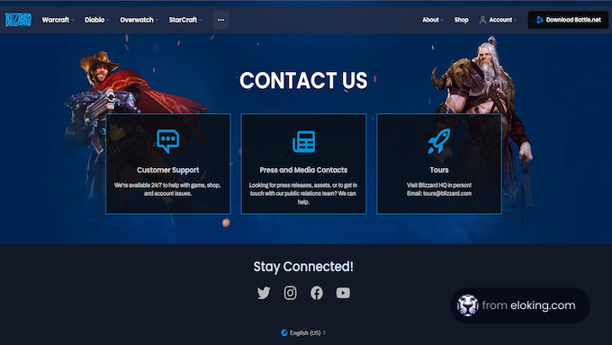 Screenshot of Blizzard Gaming's contact page featuring game characters and customer service options