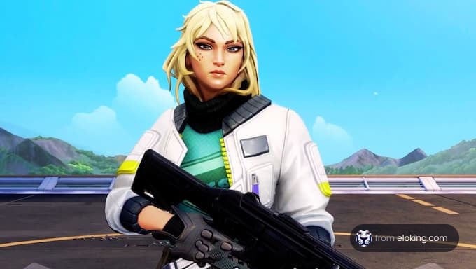 Blonde female video game character holding a rifle with a scenic landscape in the background