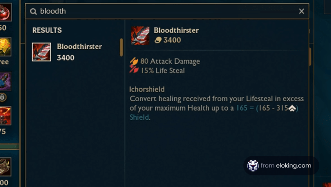 Screenshot of the Bloodthirster item in a video game showing stats and price