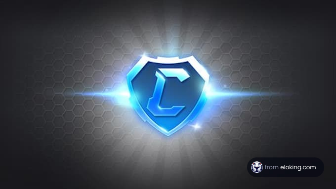 Blue digital shield logo with light effects on a hexagonal background