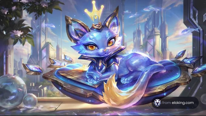 Fantasy blue cat with a crown lying on a floating platform in a futuristic city