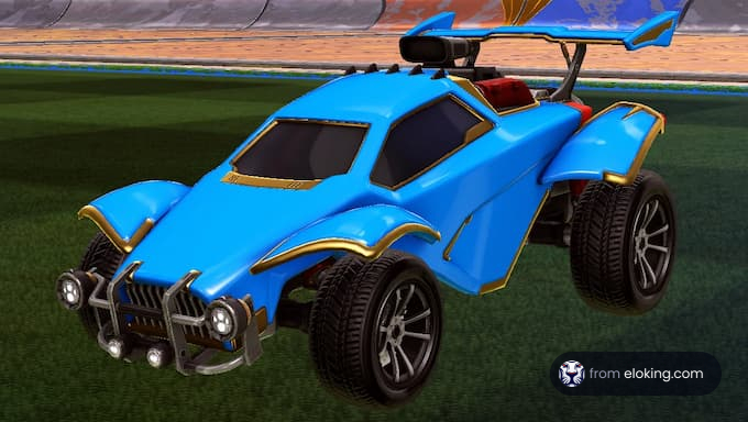 Blue futuristic sports car on a stadium field