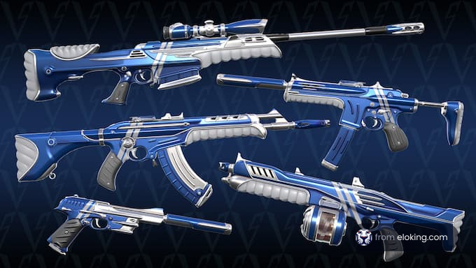 Collection of blue futuristic guns on a hexagonal background