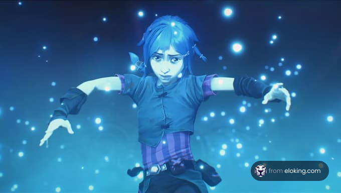 Blue-haired anime character dancing joyfully among glowing stars