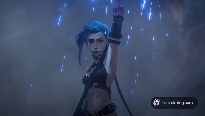 Blue-haired anime character standing in mystical fog with glowing particles