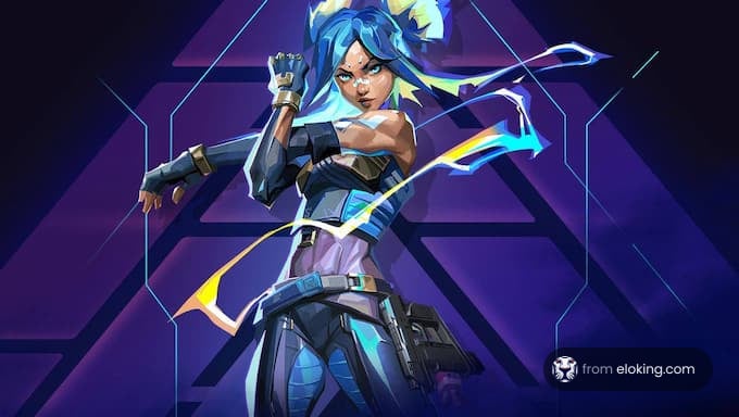 Blue-haired female warrior wielding an energy bow in a dynamic pose