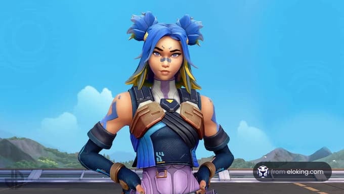 Blue-haired warrior girl from a video game standing confidently