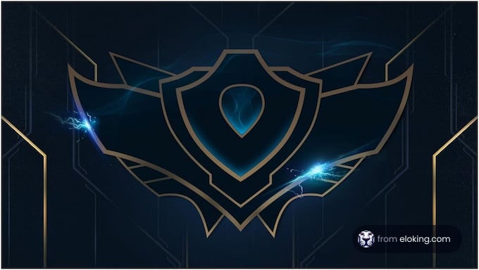 Blue neon glowing shield emblem on dark background