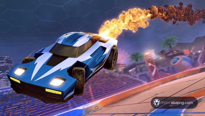 Blue race car with flames jumping in an arena