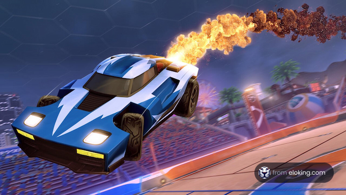 Blue sports car with rocket flames on futuristic soccer arena