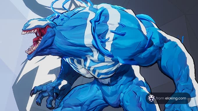 A fierce blue symbiote character with sharp teeth and muscular physique.