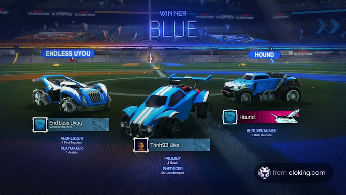 Blue team winning in a virtual car soccer game
