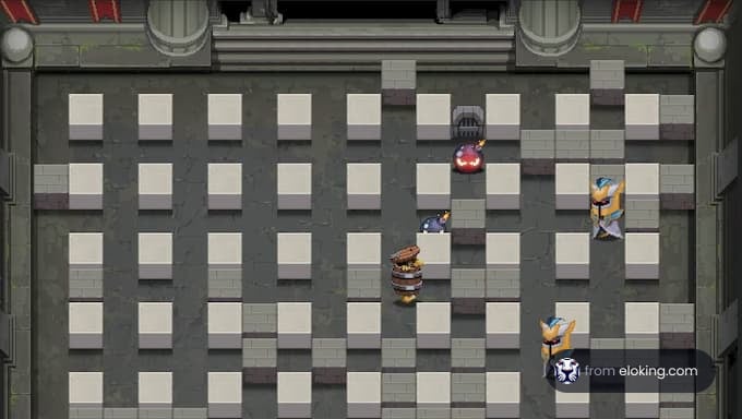 Bomberman game play screenshot with characters navigating through a maze.