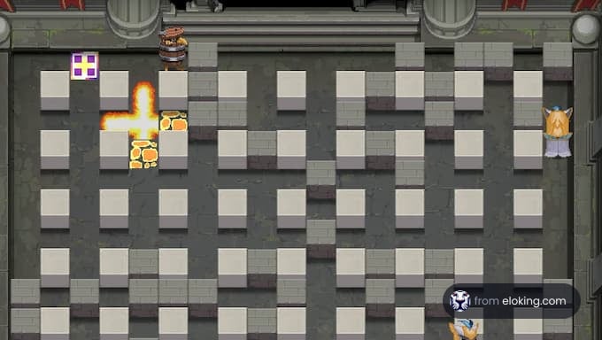 An exciting scene from a Bomberman game with fire and blocks.