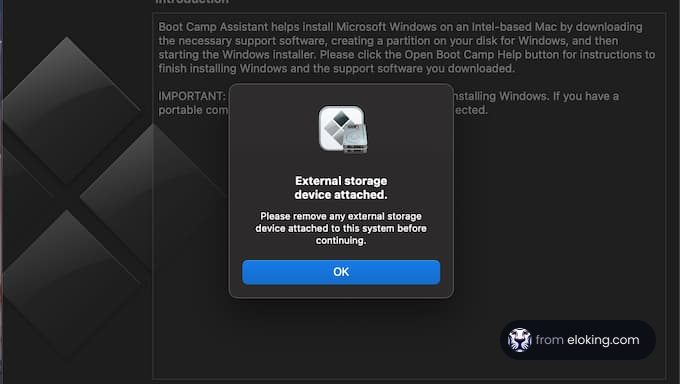 Boot Camp Assistant warning for external storage device attachment