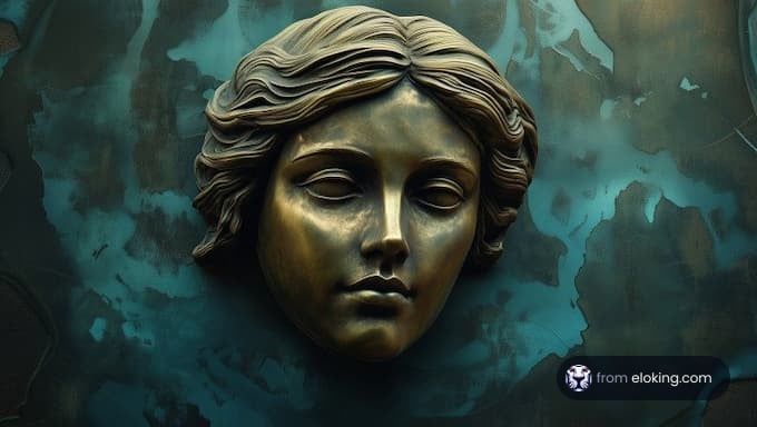 A detailed bronze sculpture depicting a serene face