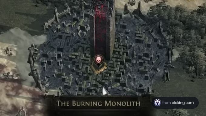 Map of the Burning Monolith with a skull marker