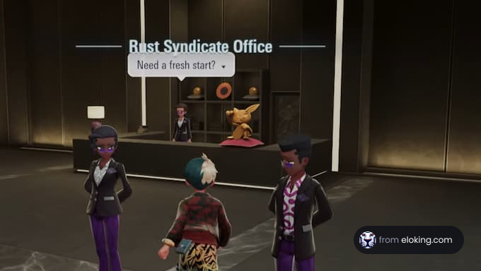 Bust Syndicate办公室,一个角色和工作人员随时准备提供帮助。