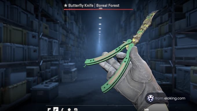 Player holding a butterfly knife in a video game warehouse setting