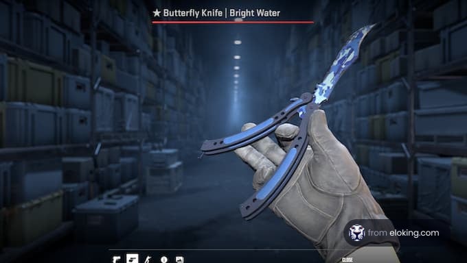 A character holding a Butterfly Knife with Bright Water skin in a video game warehouse