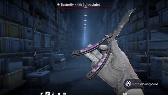Hand holding a butterfly knife with an ultraviolet finish in a game environment