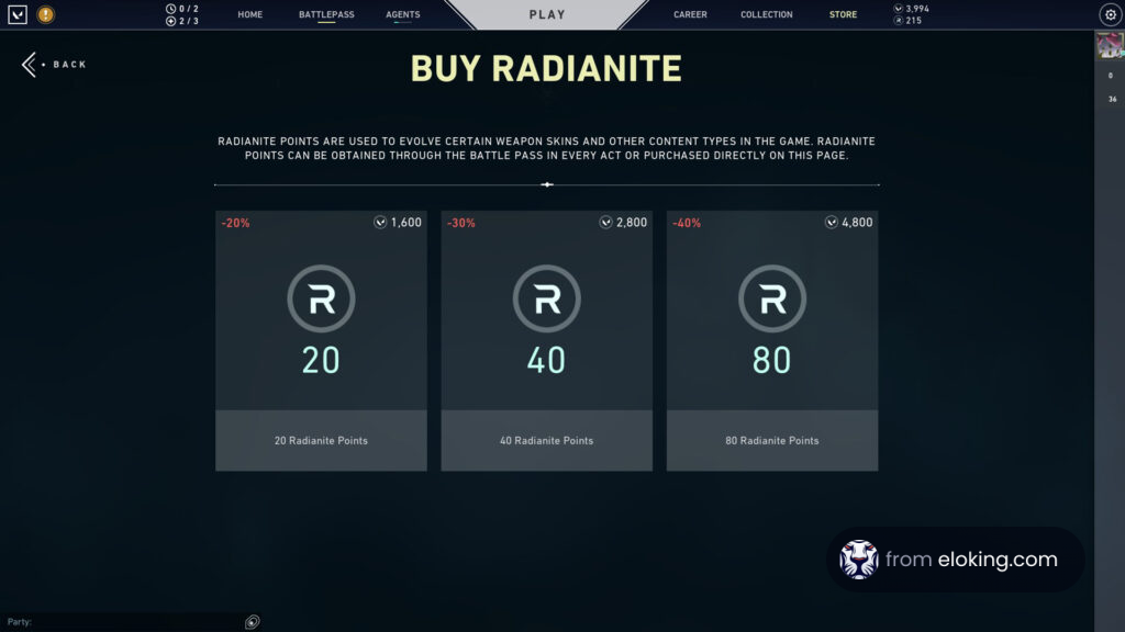 Screenshot of the Buy Radianite Points screen in a video game showing various purchase options