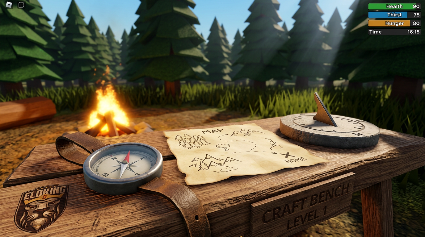 Map, compass, and sundial laid out on a wooden crafting bench