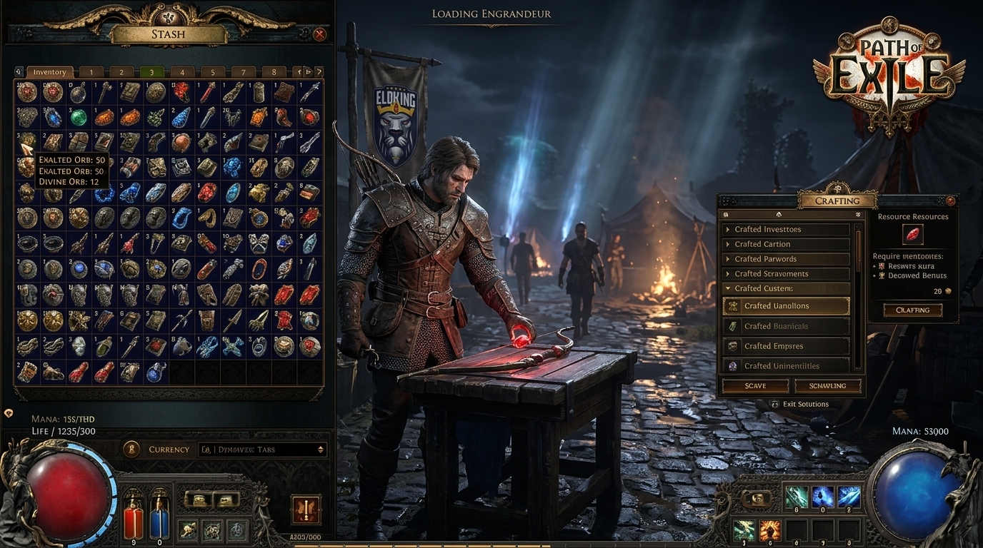 Exile preparing gear and crafting at a stash and bench