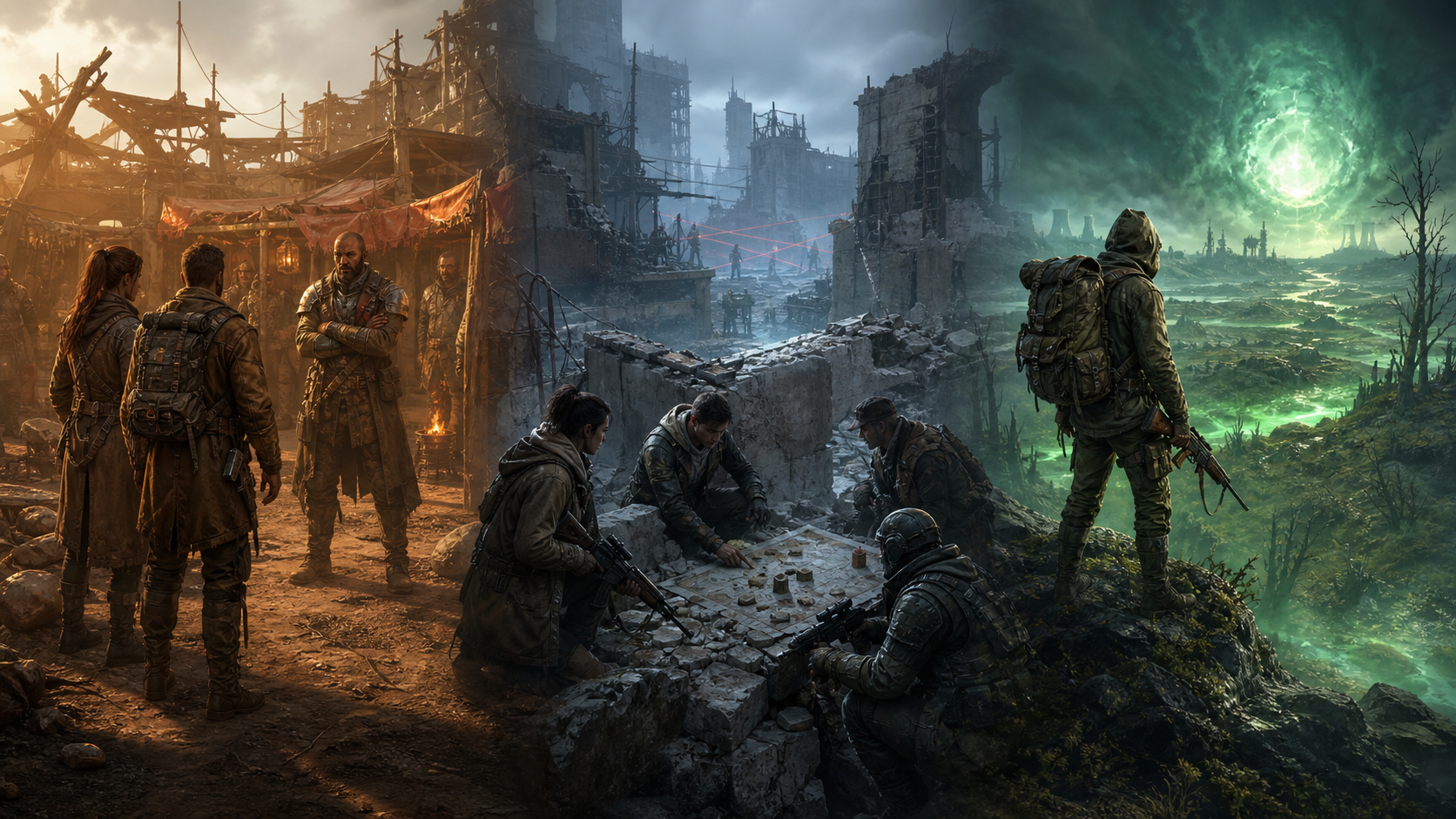 Three original wasteland RPG scenes representing dialogue, tactics, and survival exploration