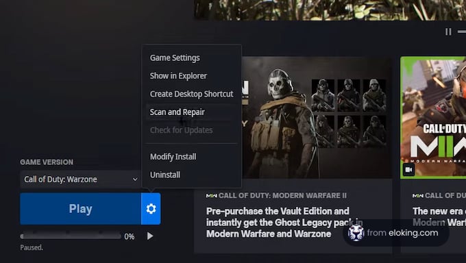 Screenshot of Call of Duty: Warzone game launch interface in PC settings menu